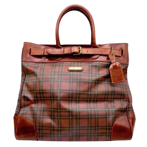 RALPH LAUREN Tartan Plaid Brown Green Doctors Bag Boston Weekend Travel Suitcase - Picture 1 of 17